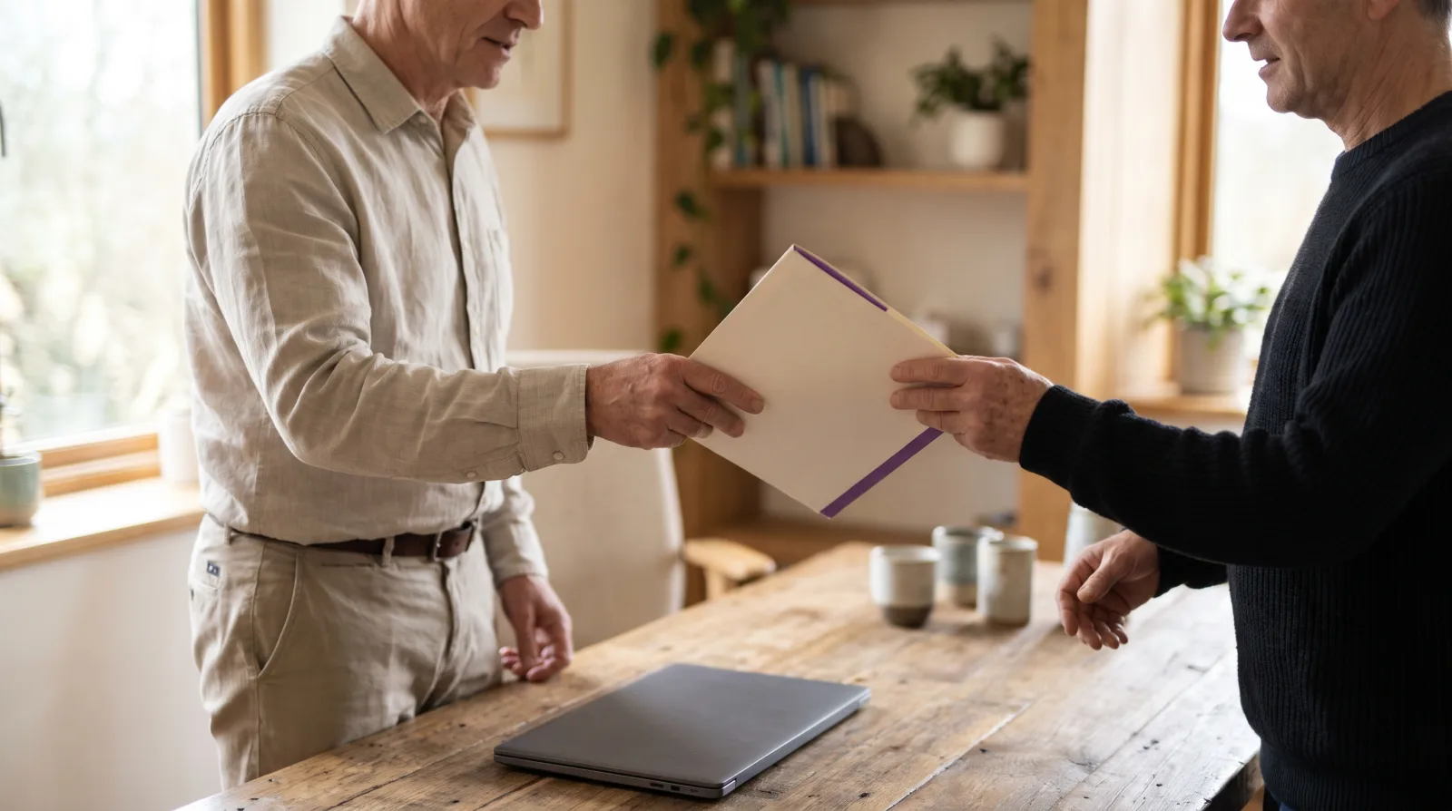A functional medicine physician hands a patient a finished care plan folder at the end of a consultation