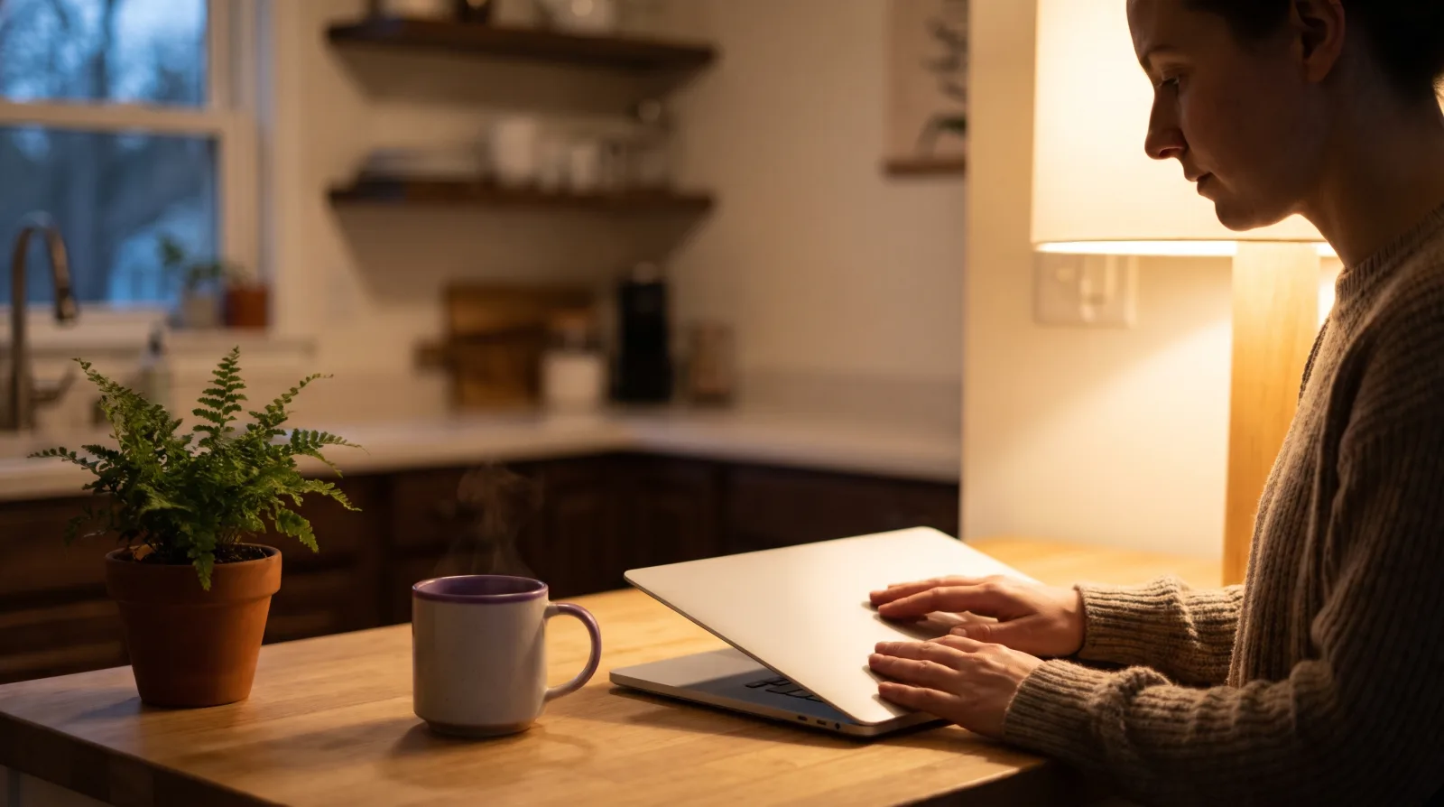 A functional medicine physician closes her laptop in a warm home kitchen at the end of the day, a mug of tea beside her