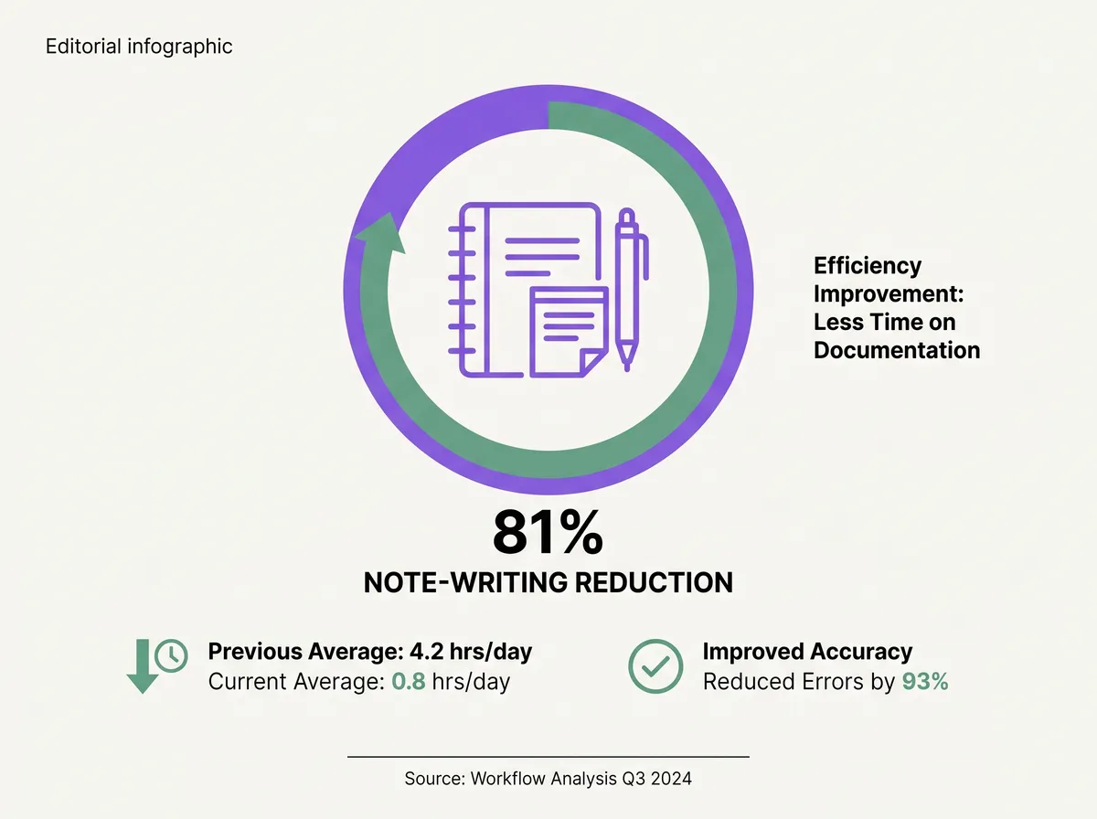 Infographic showing ambient AI linked to 81% note-writing reduction and decreased burnout