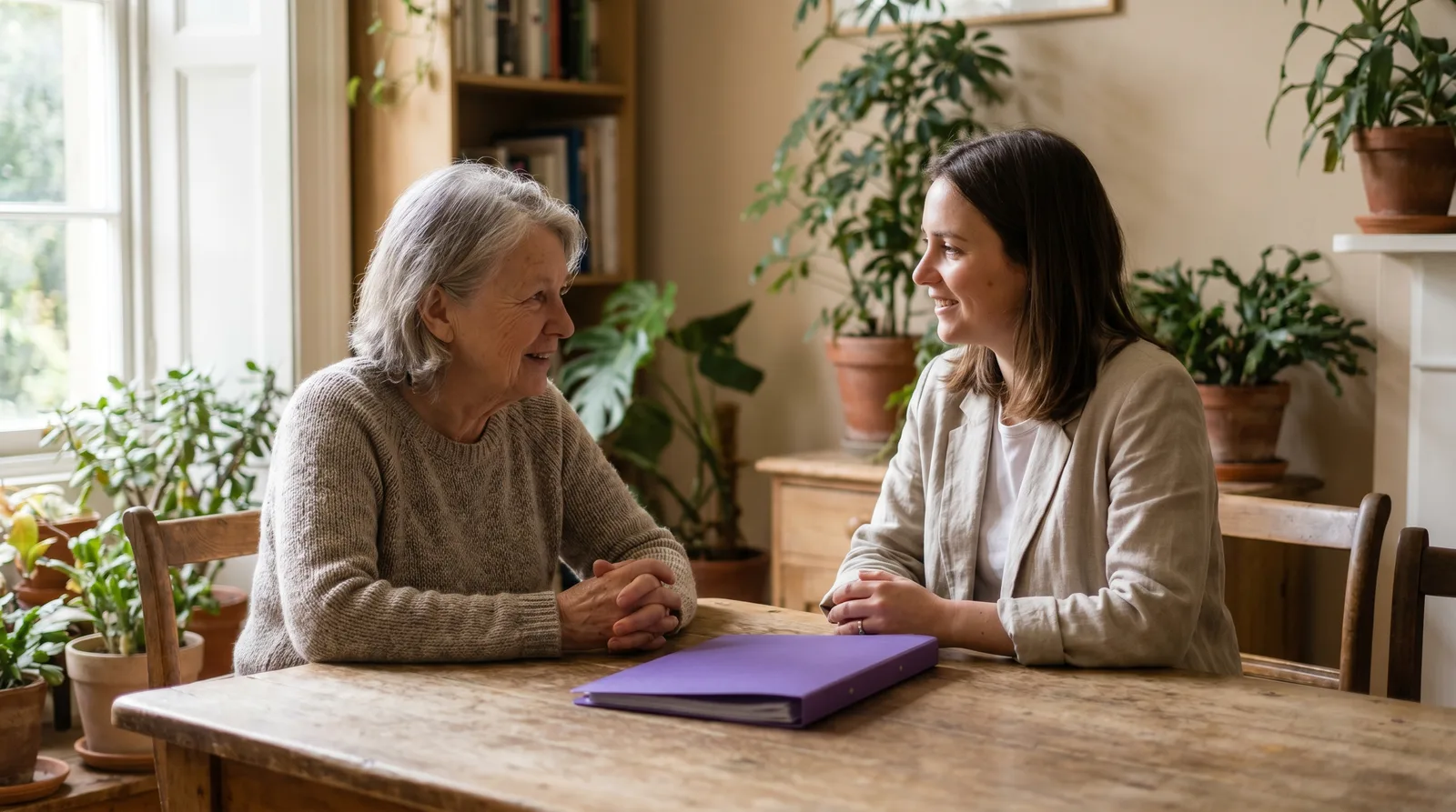 A functional medicine practitioner in conversation with a patient in a warm consulting room