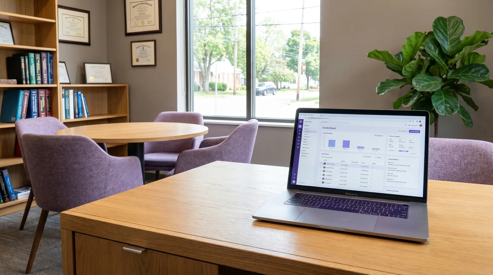 A clinical yet warm modern office space with a high-end laptop open displaying a clean medical interface