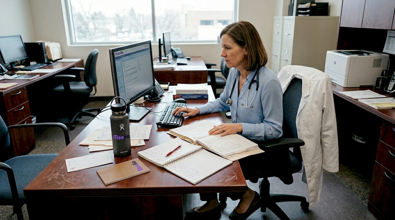 Doctor reading paper charts and typing at desk