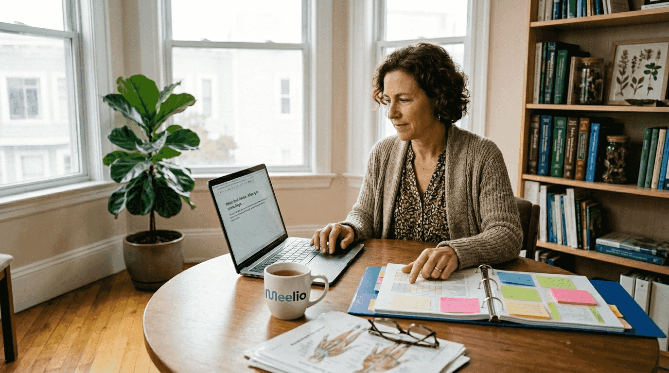 Doctor documenting patient notes in sunlit clinic