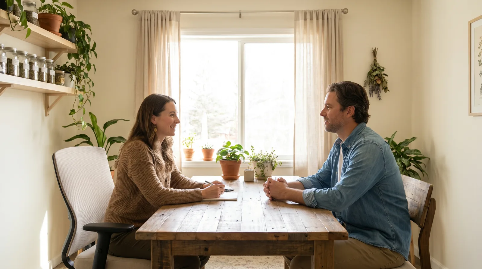 A warm, natural light conversational consult between a professional functional medicine practitioner and a patient across a wooden table