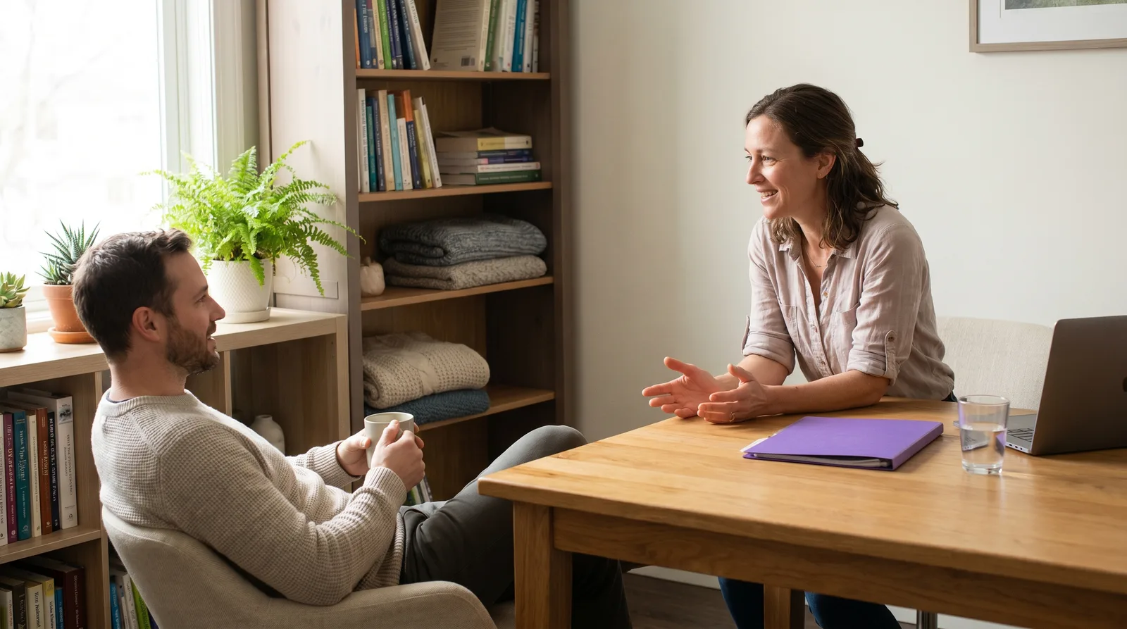A professional functional medicine practitioner in conversation with a patient in a light-filled clinical office