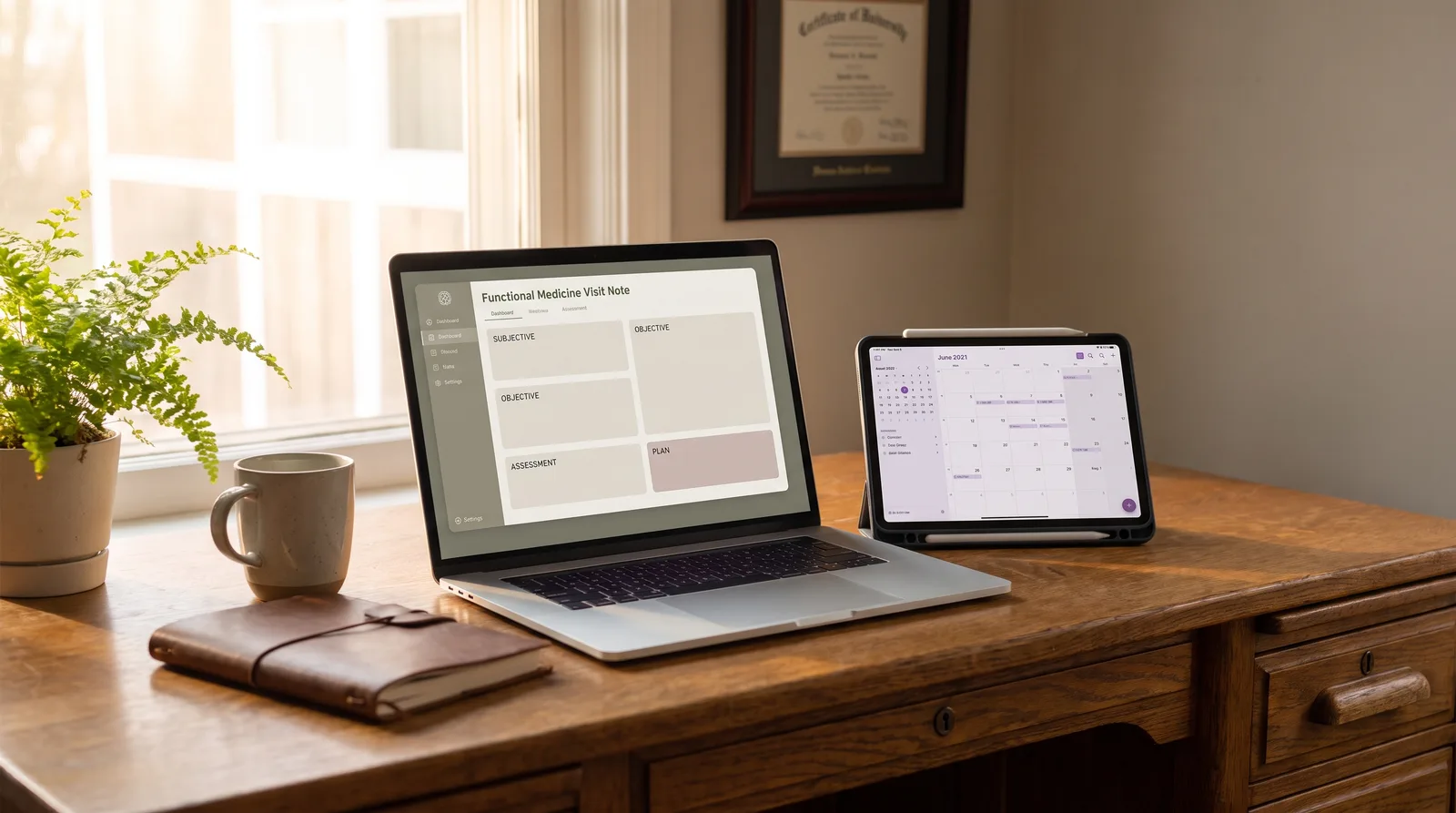 Clinician hand on high-end tablet next to a modern laptop on an oak desk showing functional medicine templates with a subtle purple accent