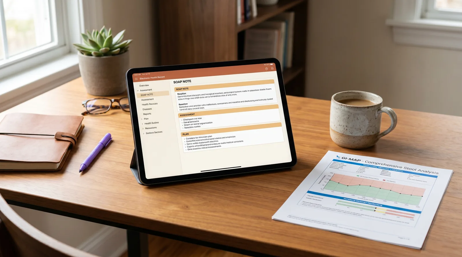 A clean, warm clinician desk with a modern tablet open displaying structured clinical documentation templates