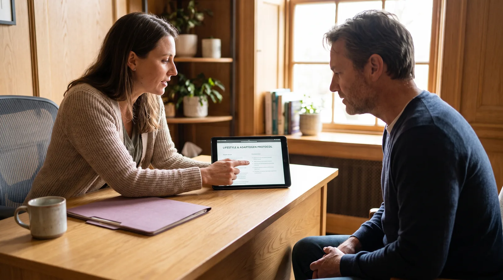 A functional medicine practitioner showing a personalized HPA axis care plan on a tablet to a patient in a warm consulting room