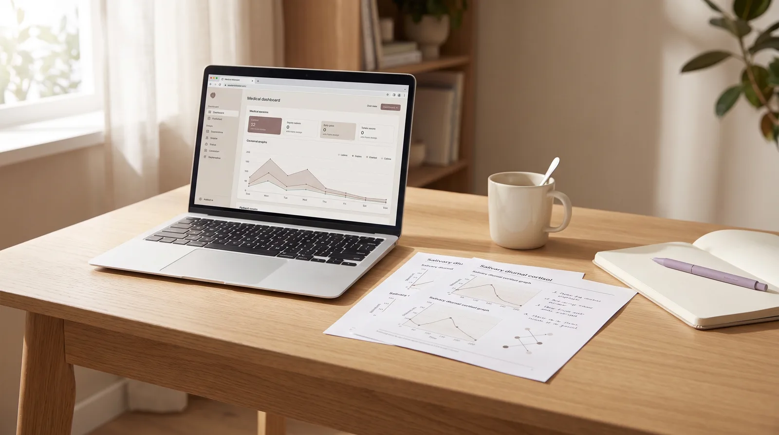 A clinical workspace with a laptop, salivary cortisol charts on paper, and a ceramic mug on a warm wood desk