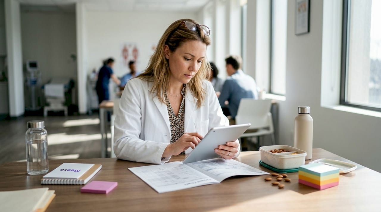 Dietitian meal planning at clinic office desk