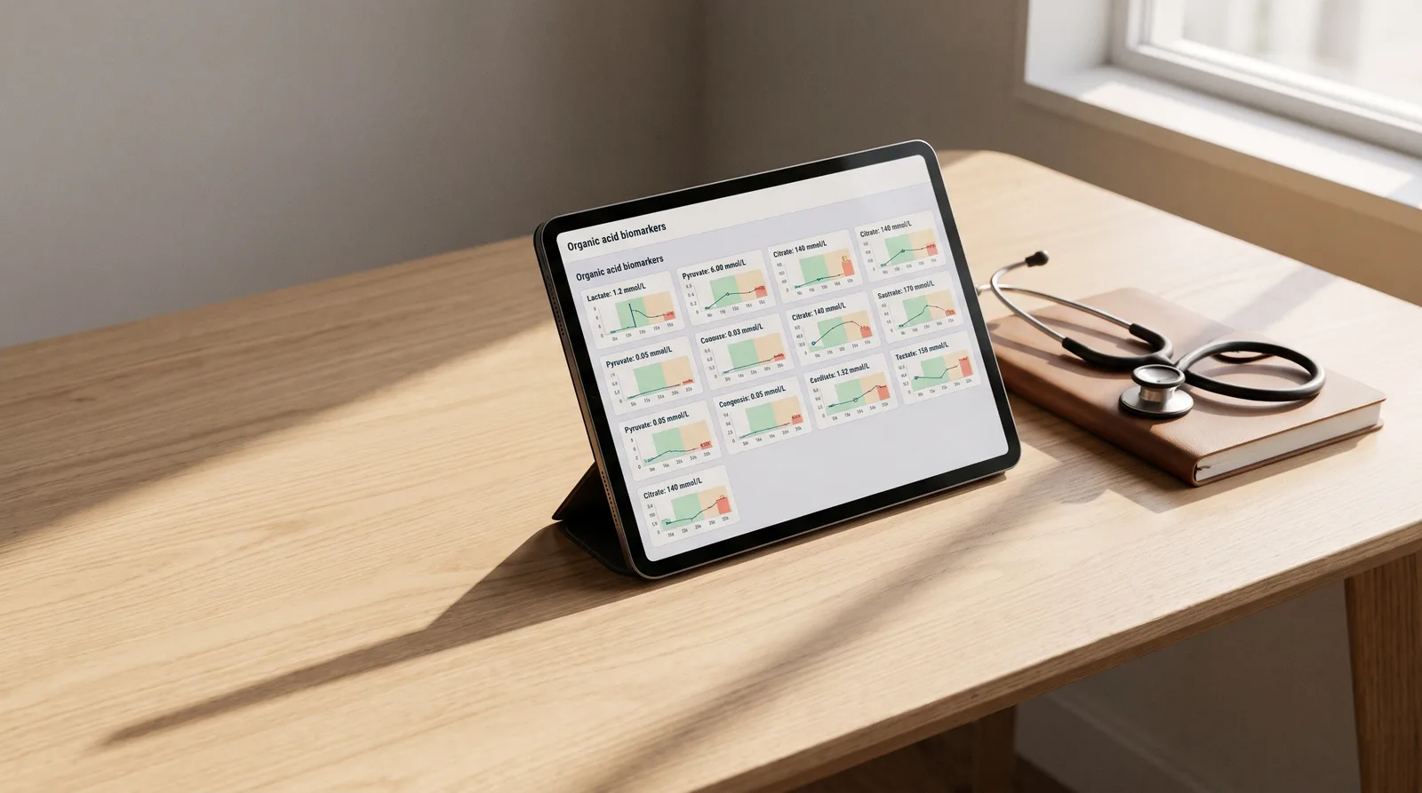 A professional clinical workspace with a tablet open to a structured organic acids test charting dashboard in Cerbo EHR.