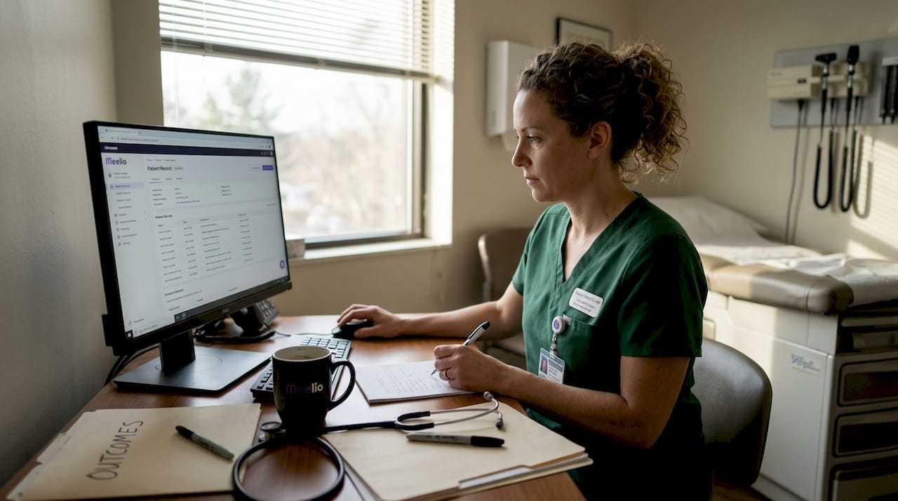 Nurse updating patient outcomes in exam room
