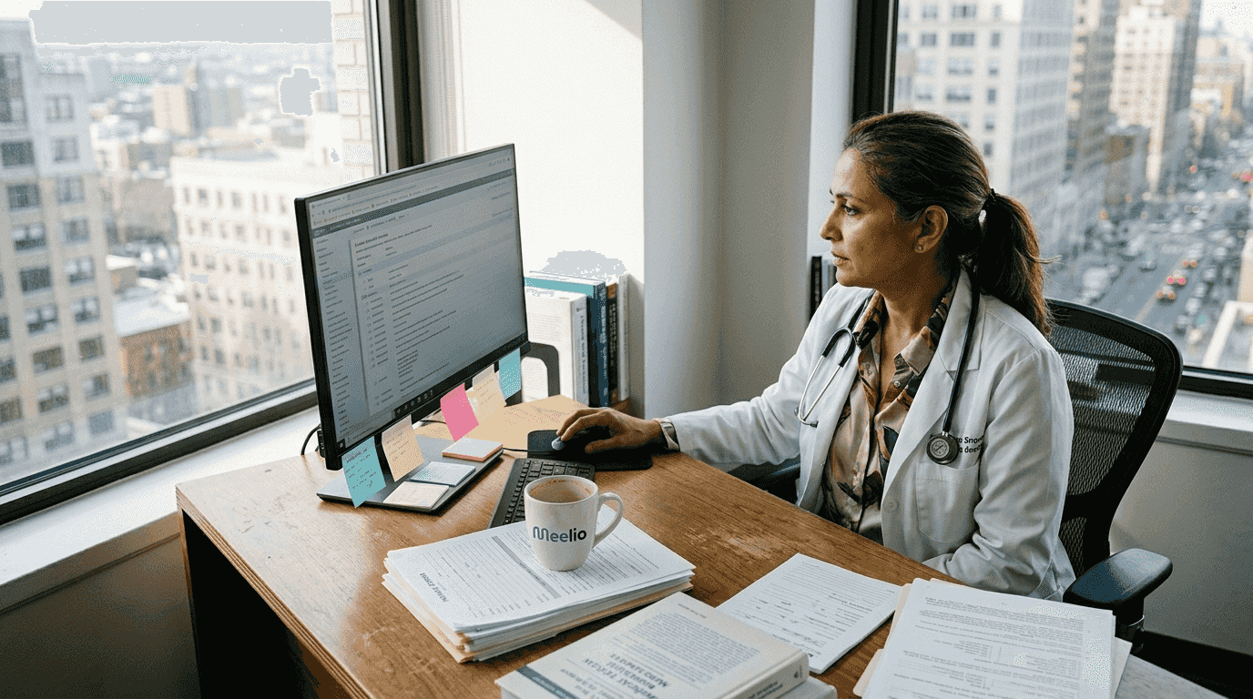 Doctor reviews digital patient workflows at desk