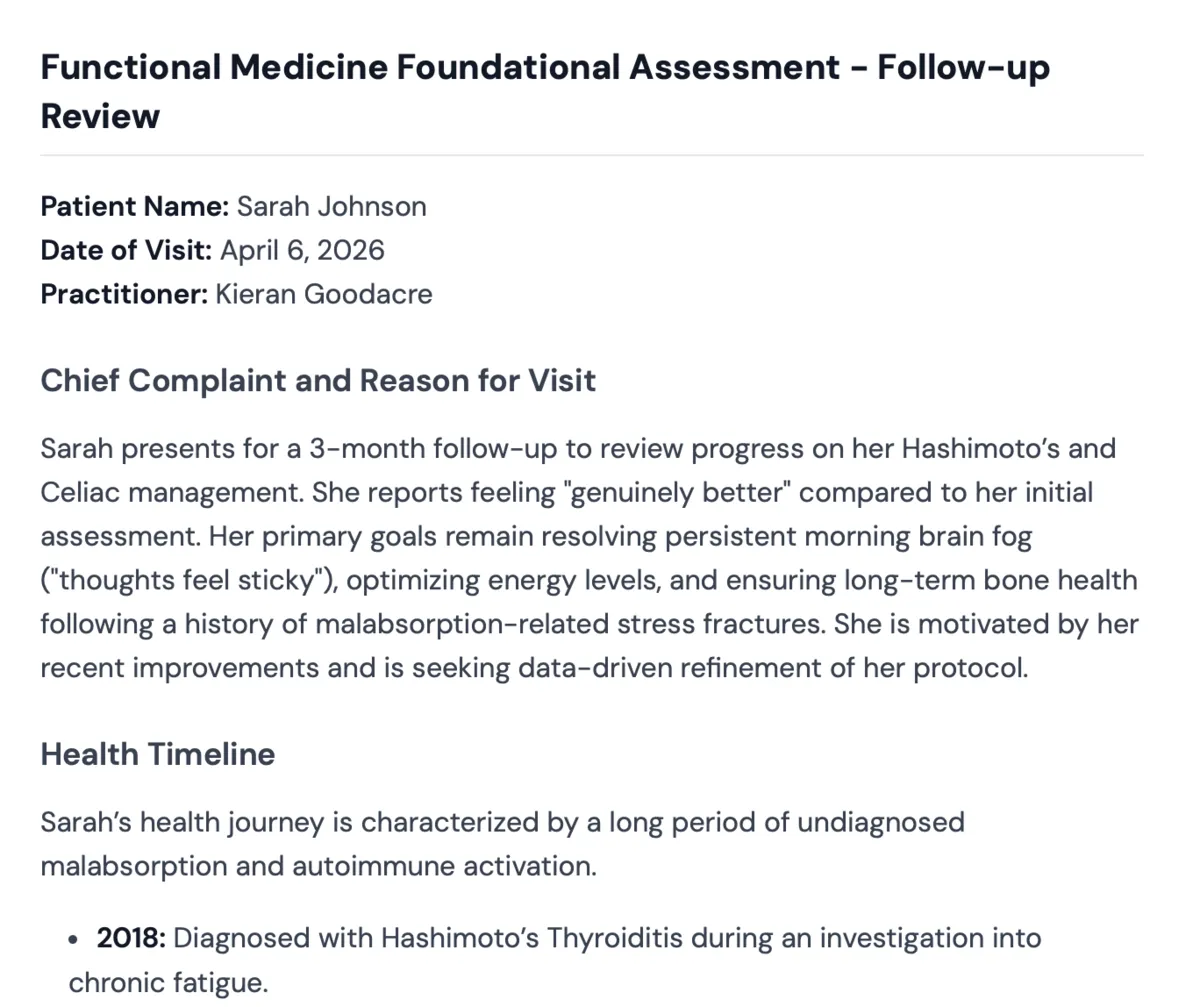 Functional Medicine Foundational Assessment showing patient chief complaint, health timeline, and clinical documentation