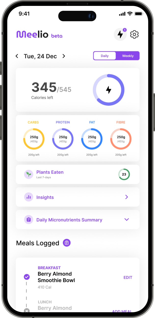 Meelio mobile app showing daily goal tracking