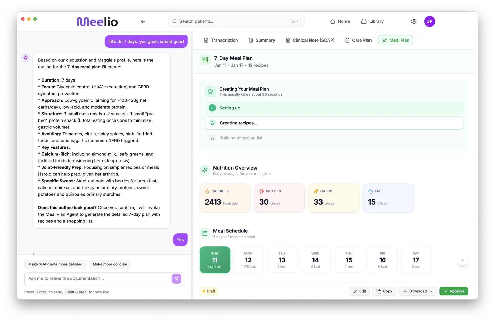 Meelio Meal Planning Interface